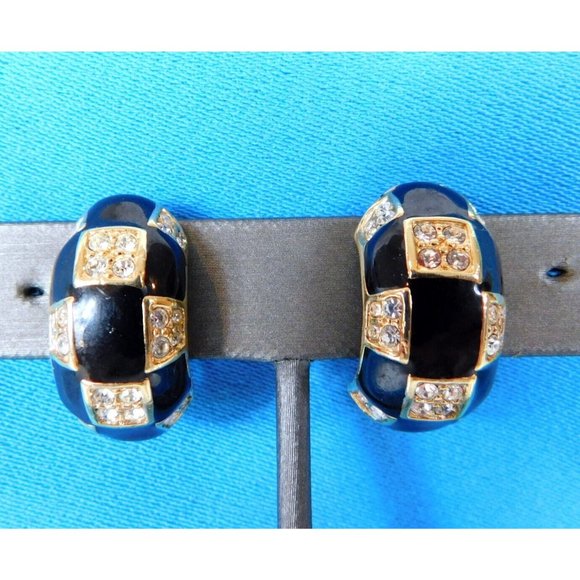 Roman Black Enamel Pave Crystal Rhinestone Half Hoop Earrings Clip on - Picture 7 of 10